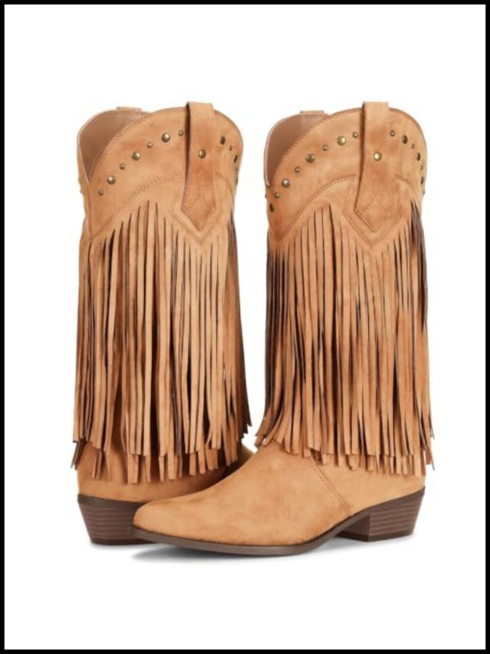 Faux Suede Cowboy Boots for Women Mid Calf Chunky Heel Fringe Western Pull-On
